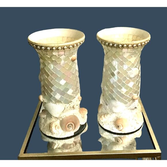 SET OF 2- ROMA DOWNEY COLLECTION HOME INTERIOR MOSAIC NAUTICAL SHELL VASE - Picture 1 of 6